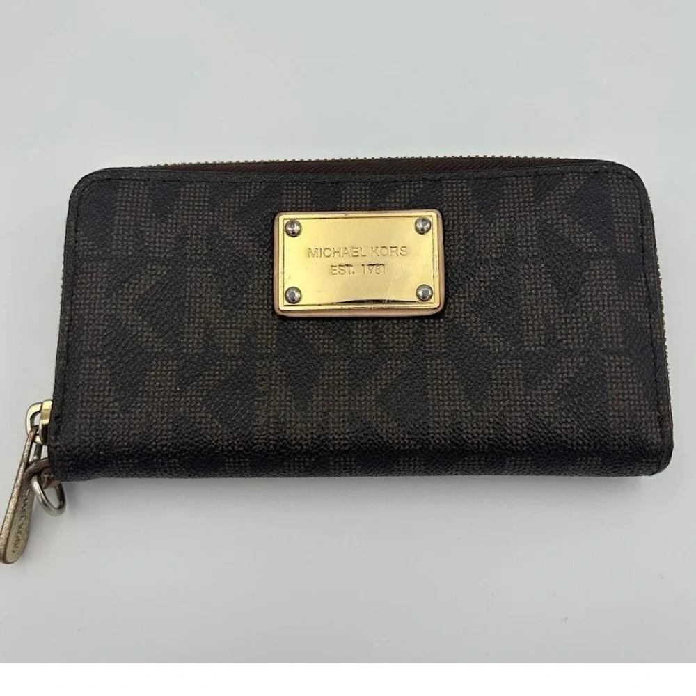 Michael Kors Dark Brown‎ Monogram MK Logo Zip Around Wallet Goldtone Hardware